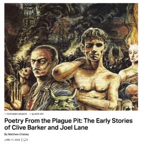 image of the illustration, headline, and byline for "Poetry from the Plague Pit" on the Reactor website. Image is from Clive Barker's artwork for the original UK edition of The Books of Blood.